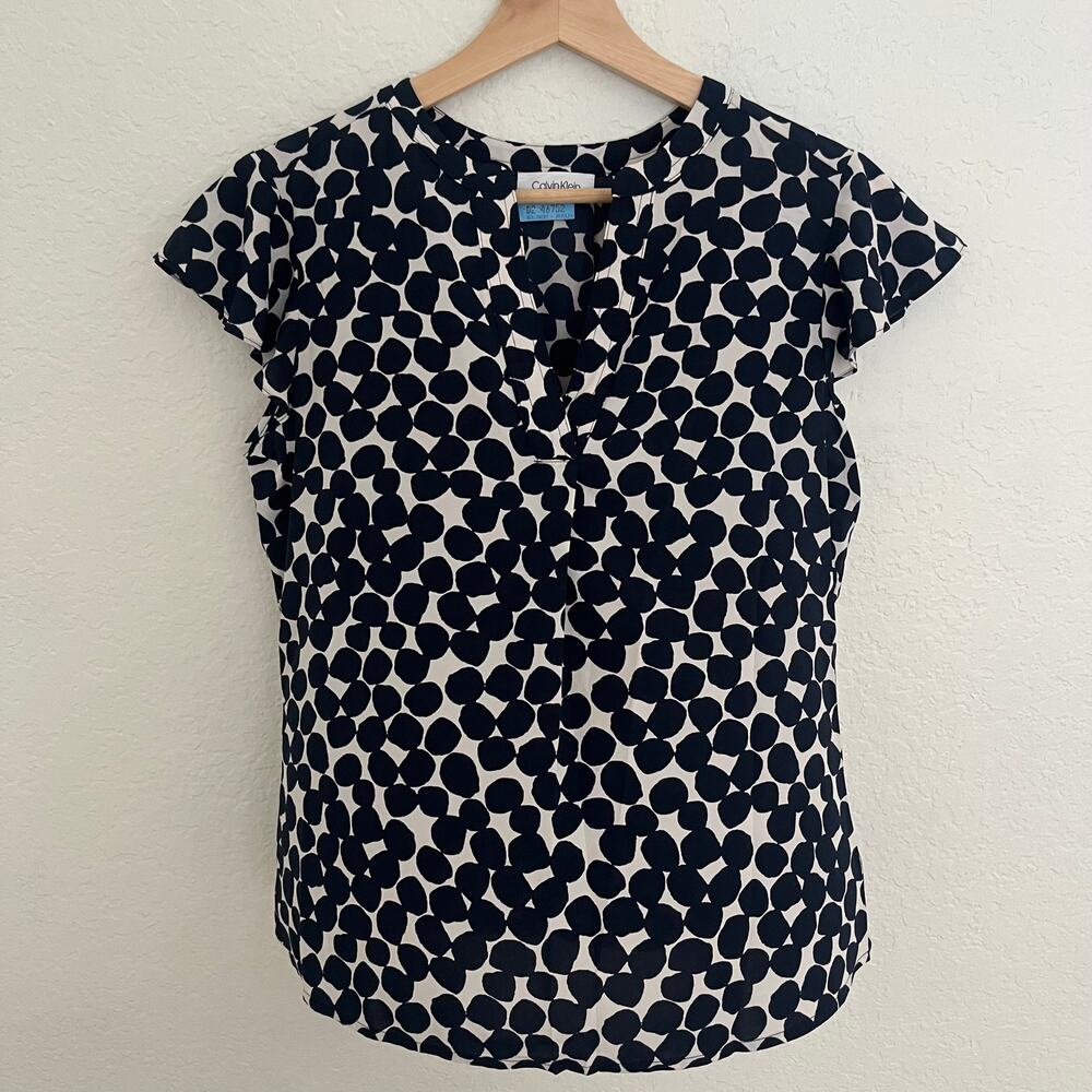 Calvin Klein Navy & White Abstract Dot Cap-Sleeve V-Neck Blouse